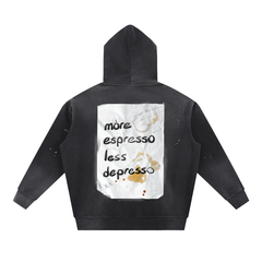 More Espresso Less Depresso Vintage Washed Frayed Fleece Hoodie